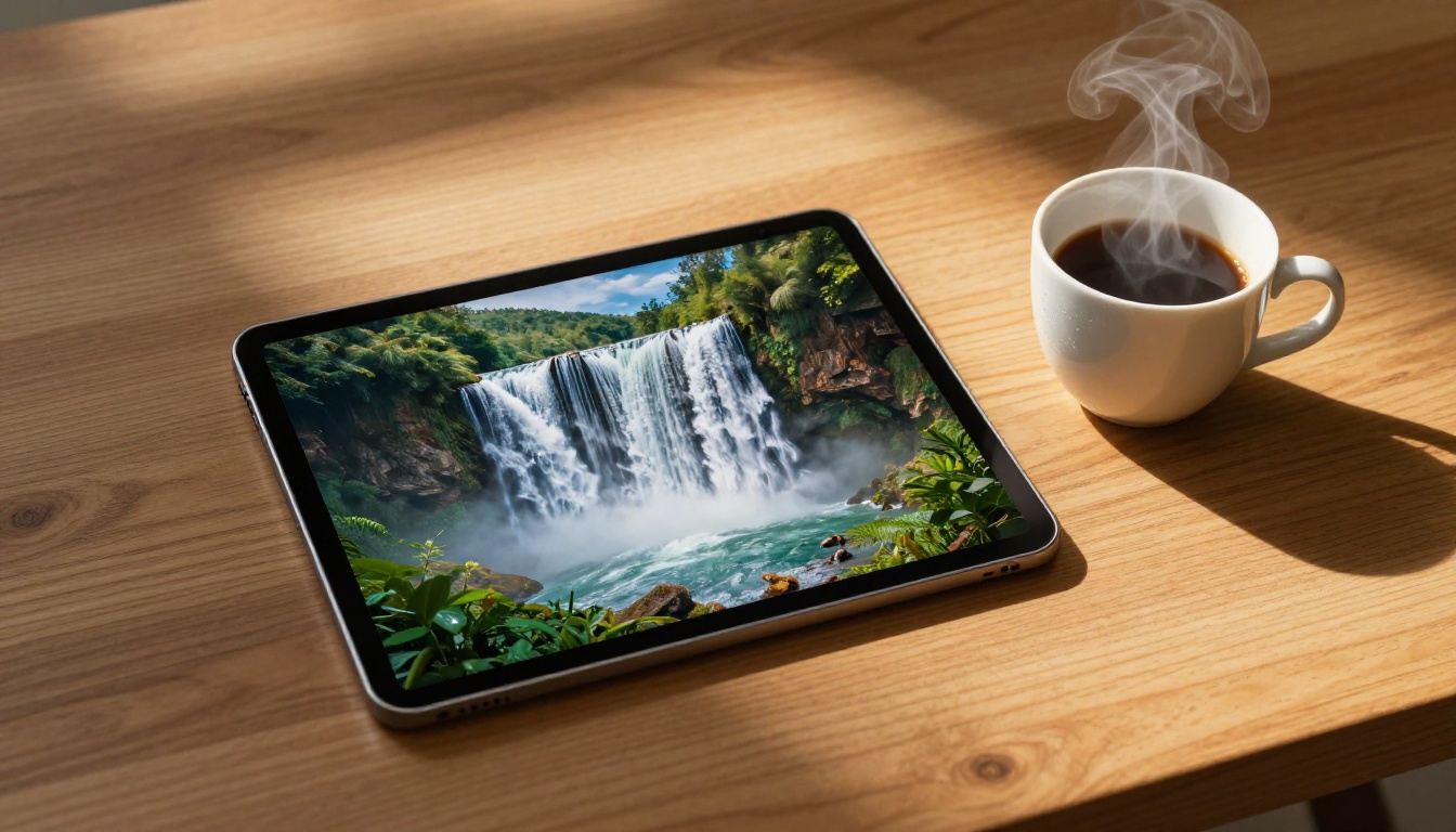 Tablet flat-lay displaying an AI-animated waterfall scene from a still photo