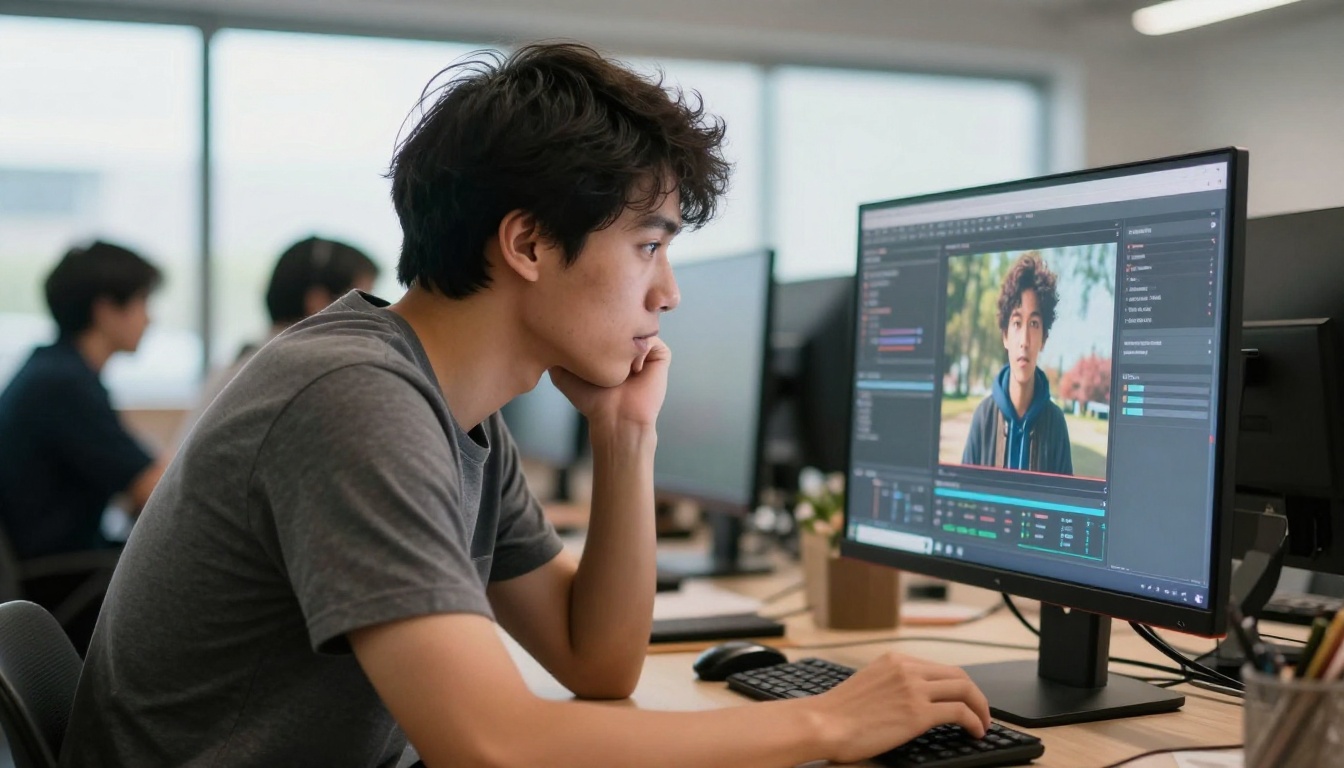 Creative professional reviewing video output at a monitor in a busy co-working space