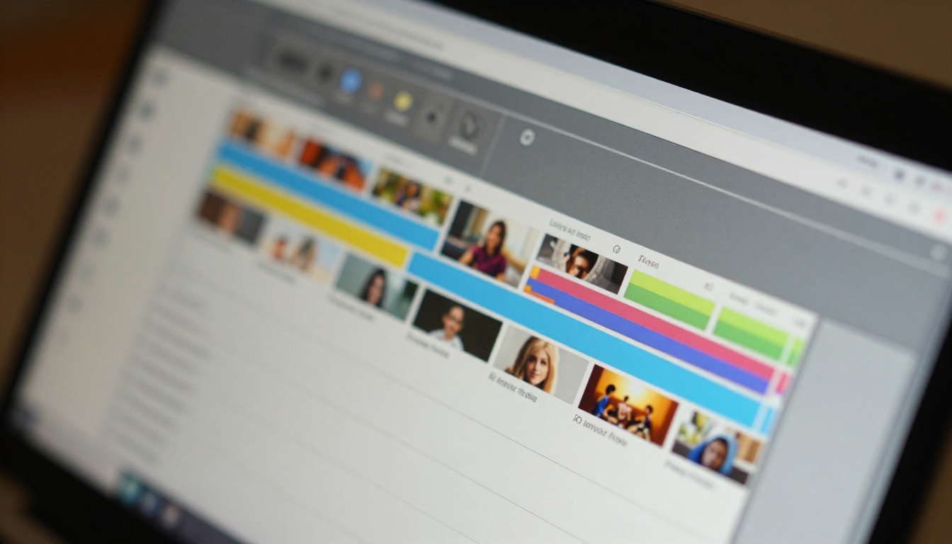 Close-up macro of an AI video tool timeline and control panel on a monitor screen