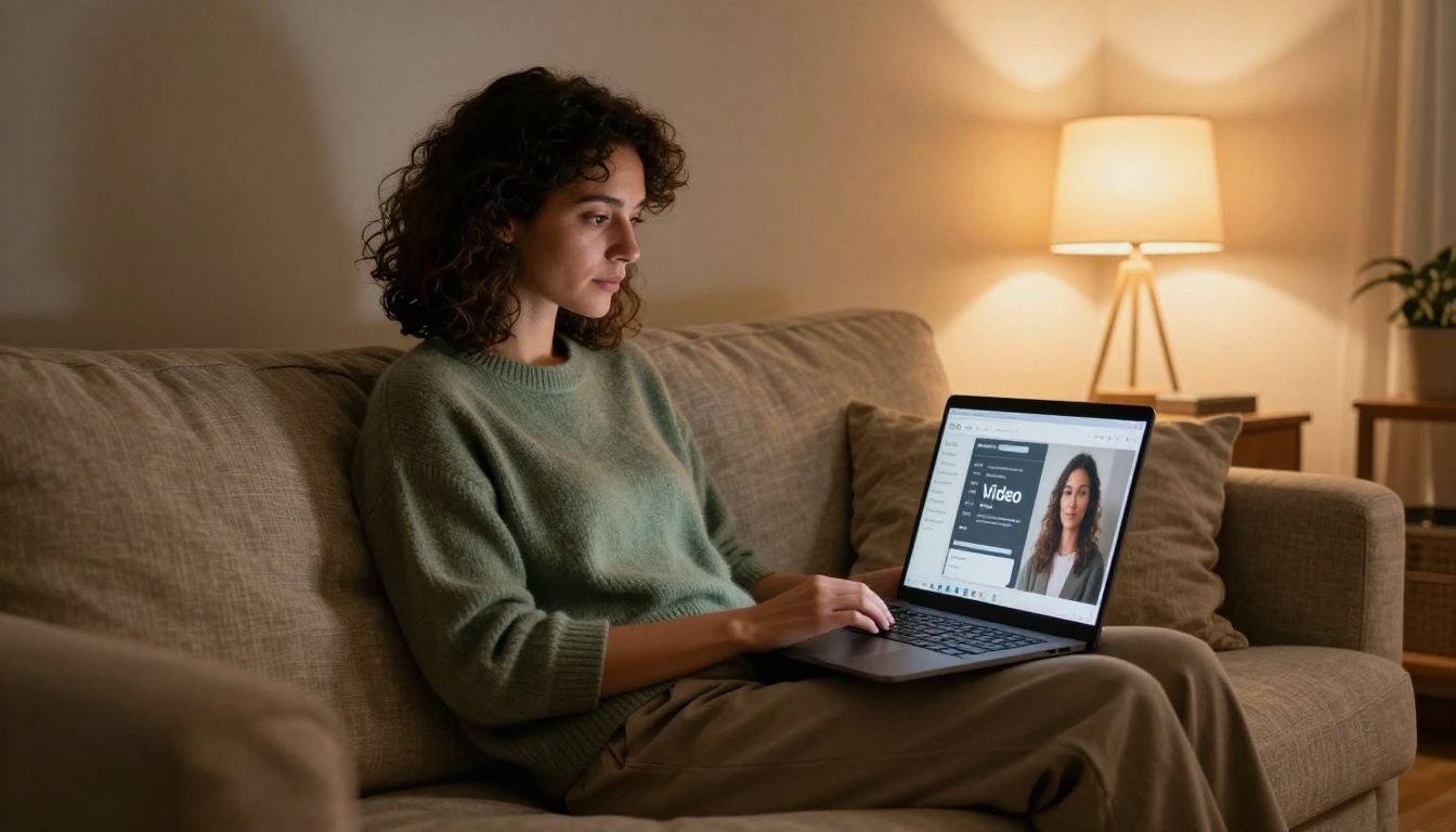 Woman on a sofa with a laptop open to a free AI video tool animating a portrait photo