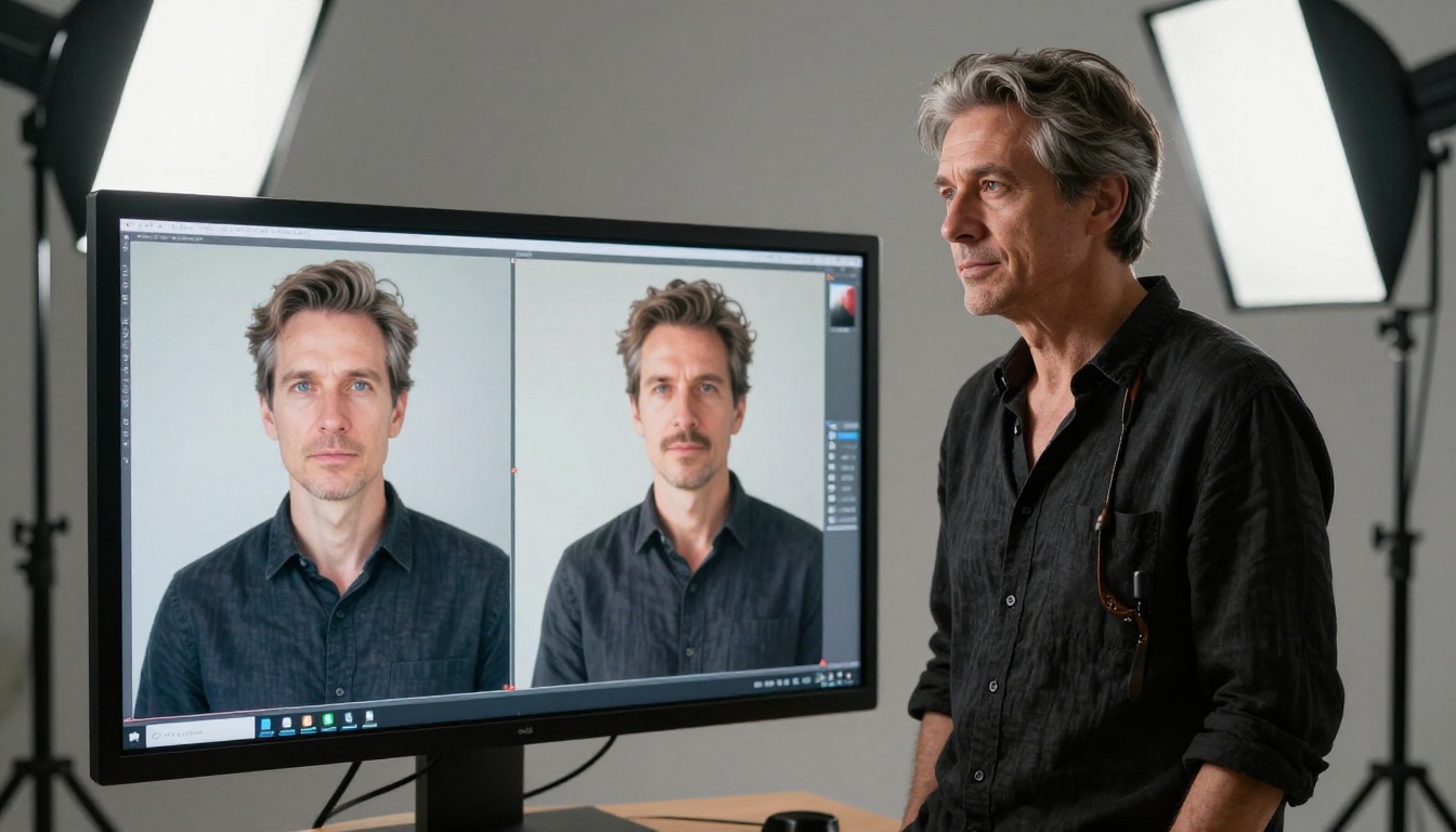 Photographer reviewing a still-vs-animated video comparison at a professional studio monitor