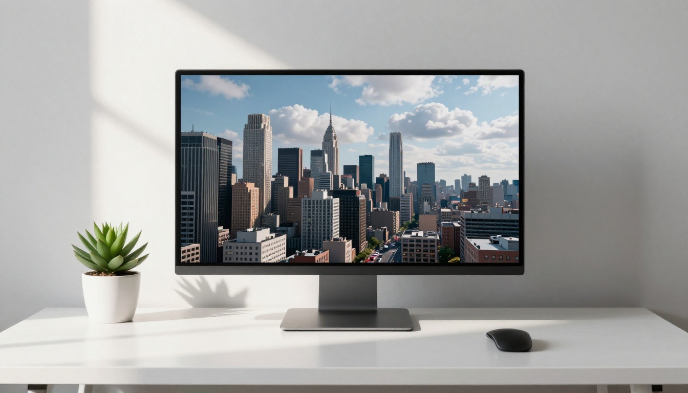 Minimalist desk with a monitor showing a split-screen still image vs AI-animated video comparison