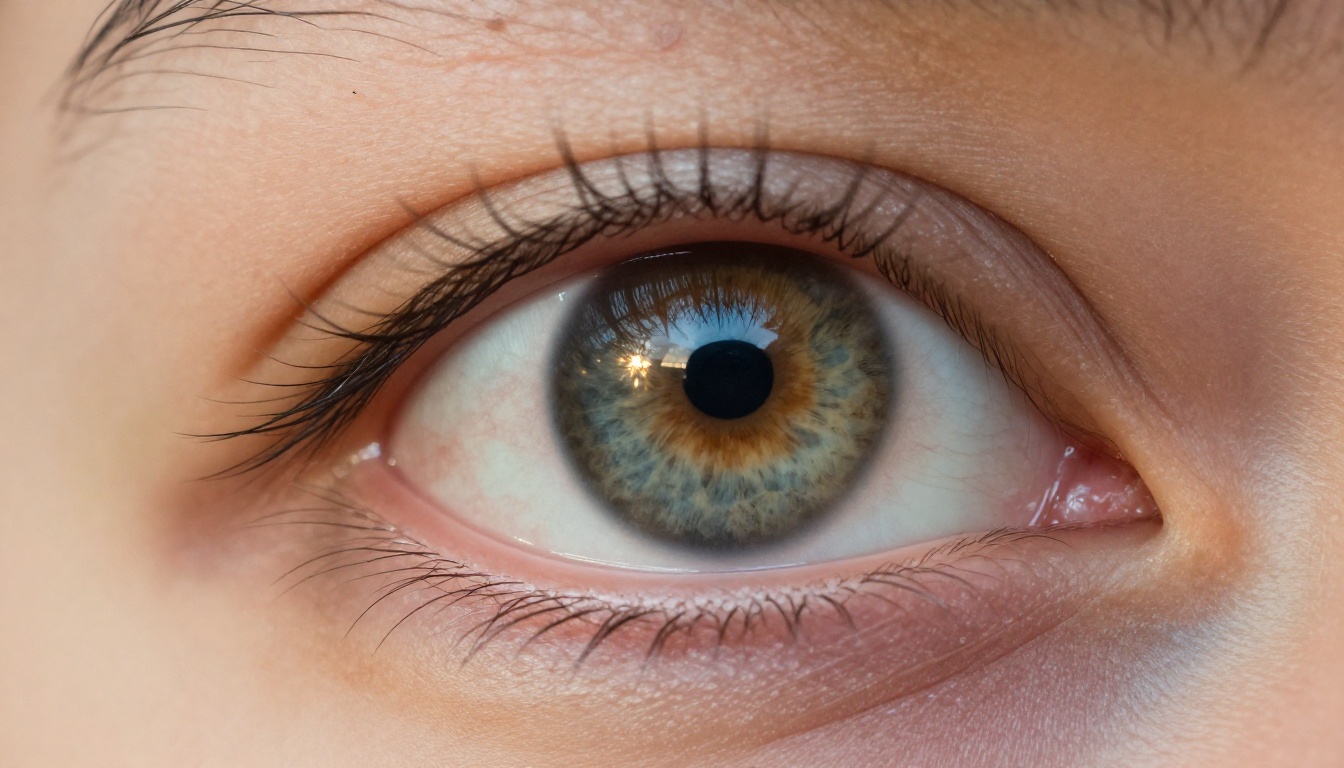Extreme close-up macro photograph of a human eye with hazel-green iris, showing pore and lash detail