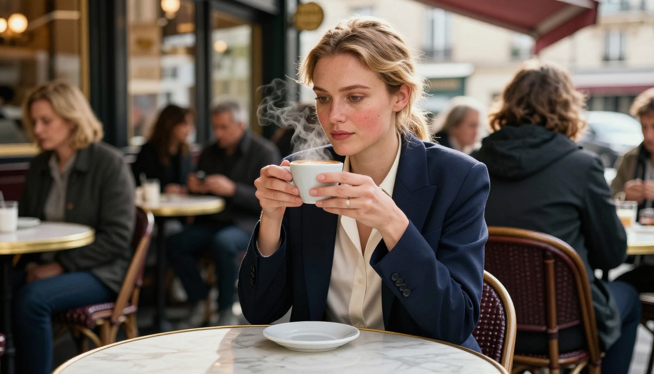 Beautiful woman in her early 30s at a Parisian cafe, soft morning window light