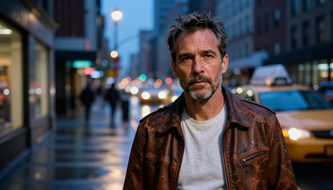 Athletic man with salt-and-pepper stubble on rain-slicked Manhattan sidewalk at blue hour