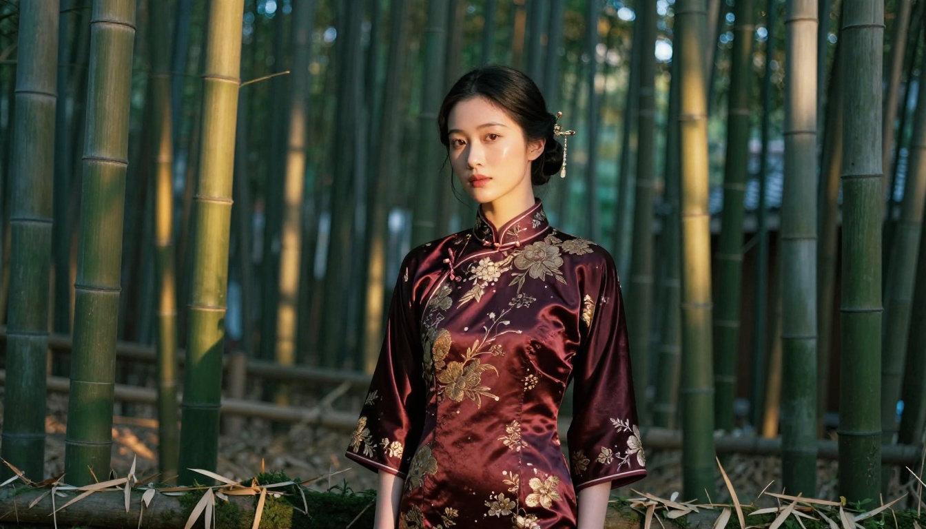 Young woman in silk cheongsam standing at edge of bamboo grove in Kyoto at dawn