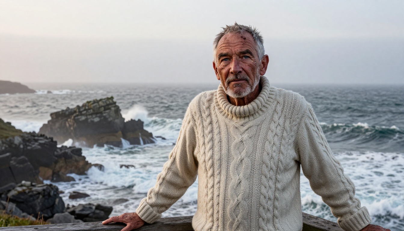Weathered fisherman in his late 50s with silver stubble on jagged Atlantic coastline at dawn