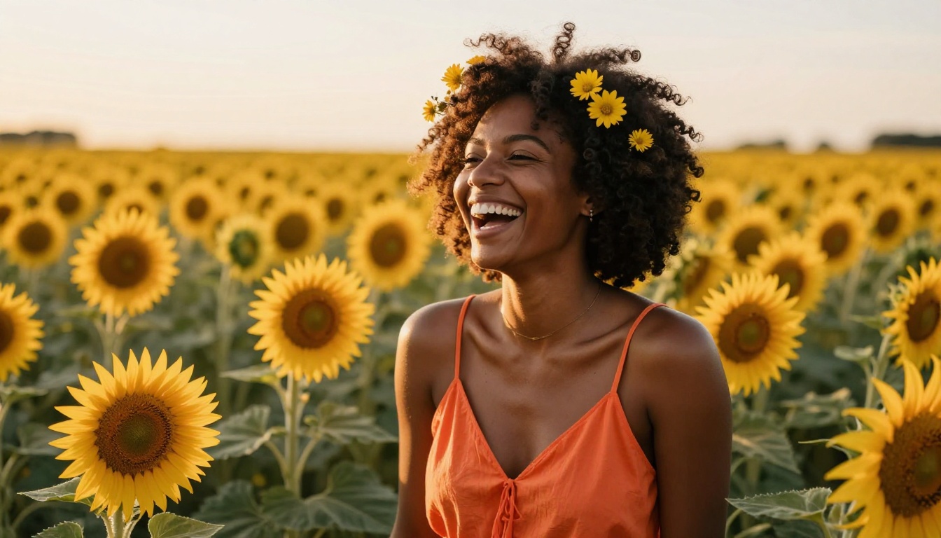 Radiant woman with natural afro laughing in a sunflower field at golden hour in Provence
