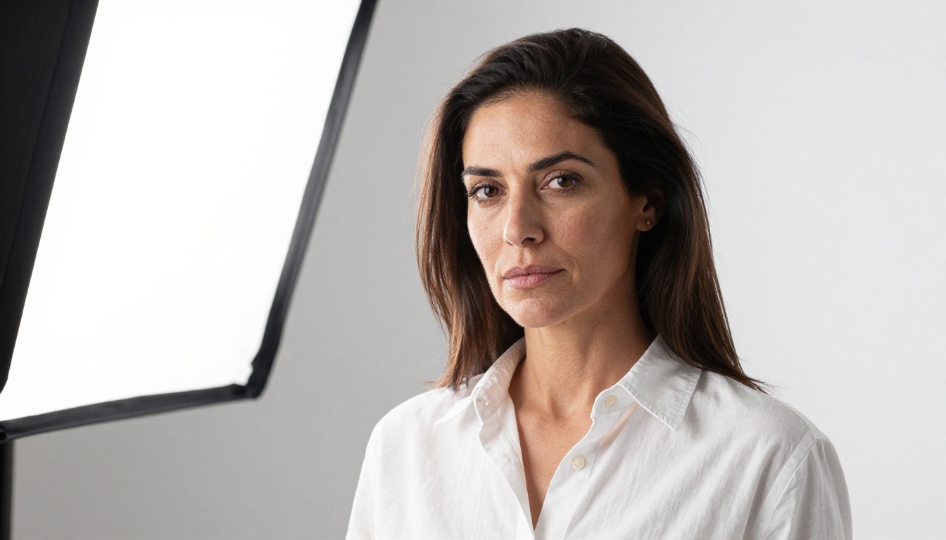 Intimate studio portrait of woman in her 40s with Rembrandt lighting, zero retouching aesthetic