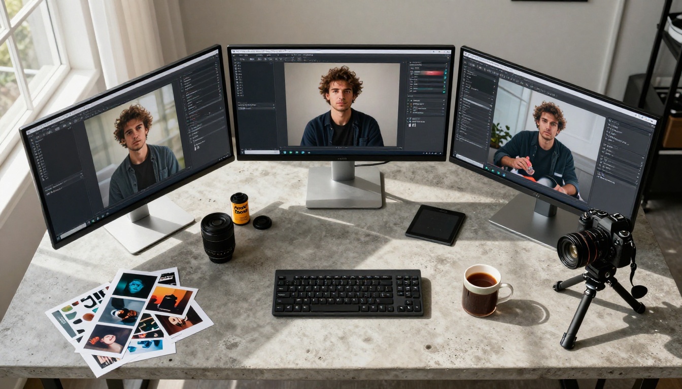 Modern photographer's workspace with AI generation interface on dual monitors, camera equipment, and film canisters