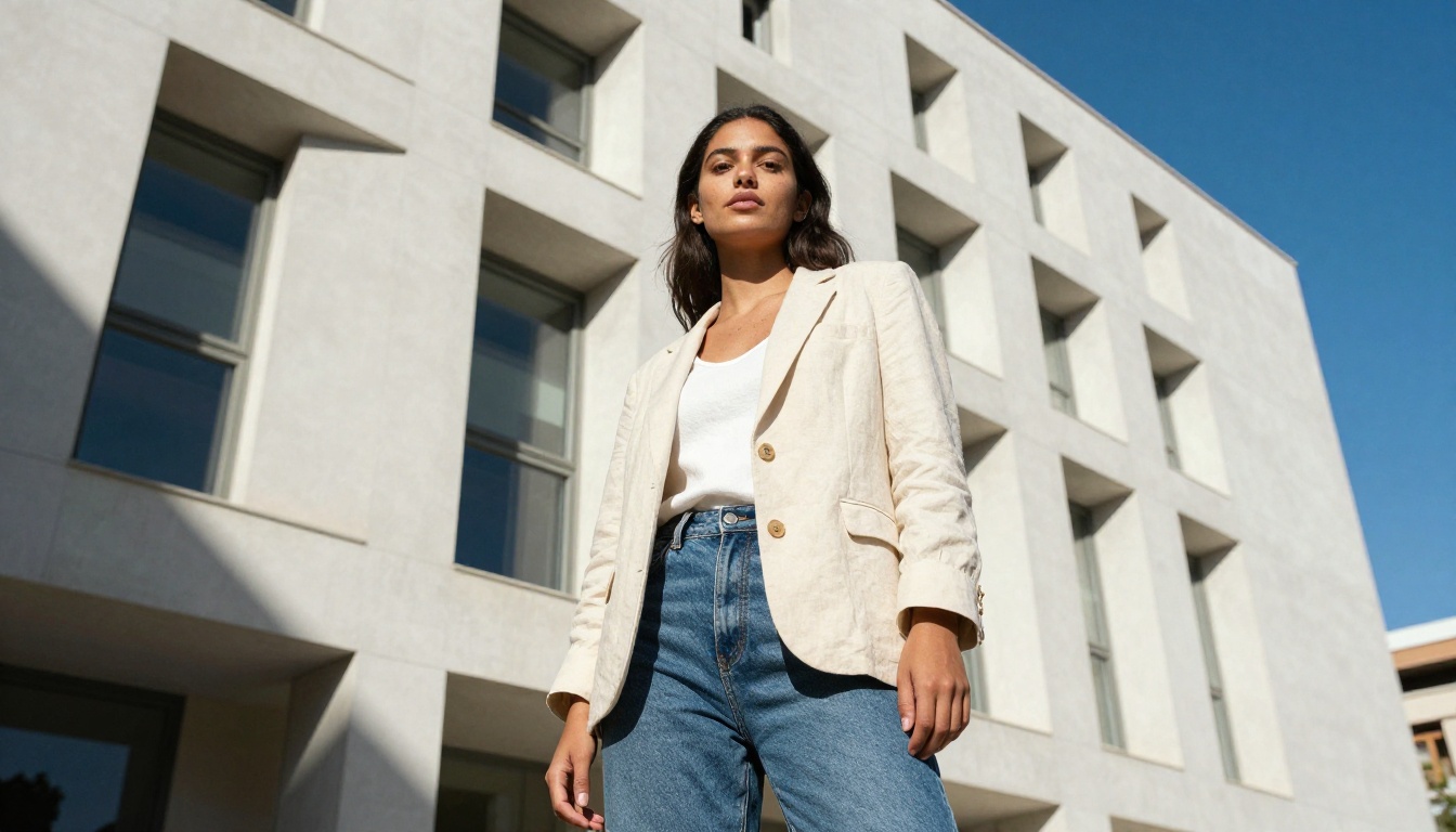 Low-angle portrait of confident woman in Barcelona modernist architecture courtyard, vivid blue sky