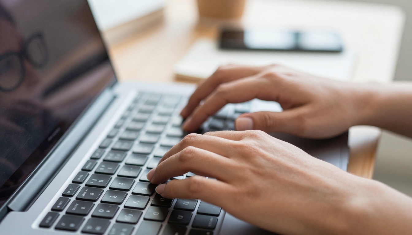 Professional typing on laptop keyboard with warm afternoon office light