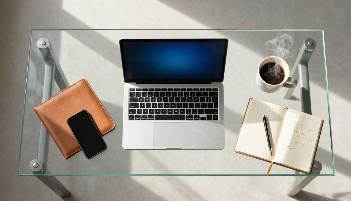 Aerial overhead flat-lay of laptop, coffee cup, and open notebook on glass desk