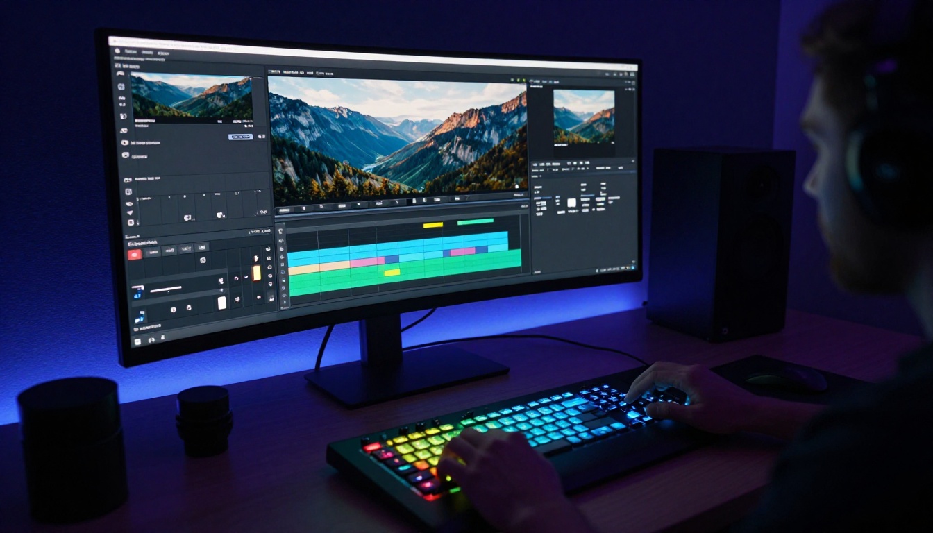 Video editing workstation with cinematic 4K footage