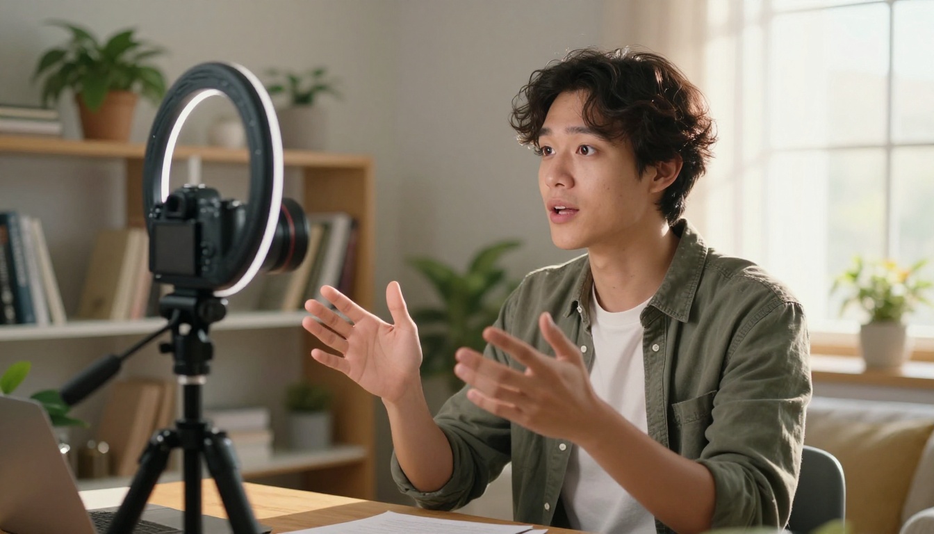 YouTube creator filming with camera on tripod in home studio