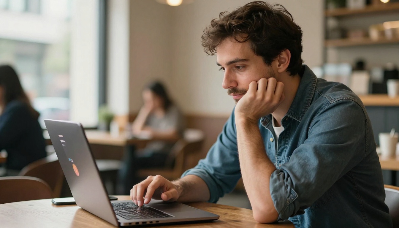 Man leaning forward at cafe table with chat interface glow softly reflecting on his face