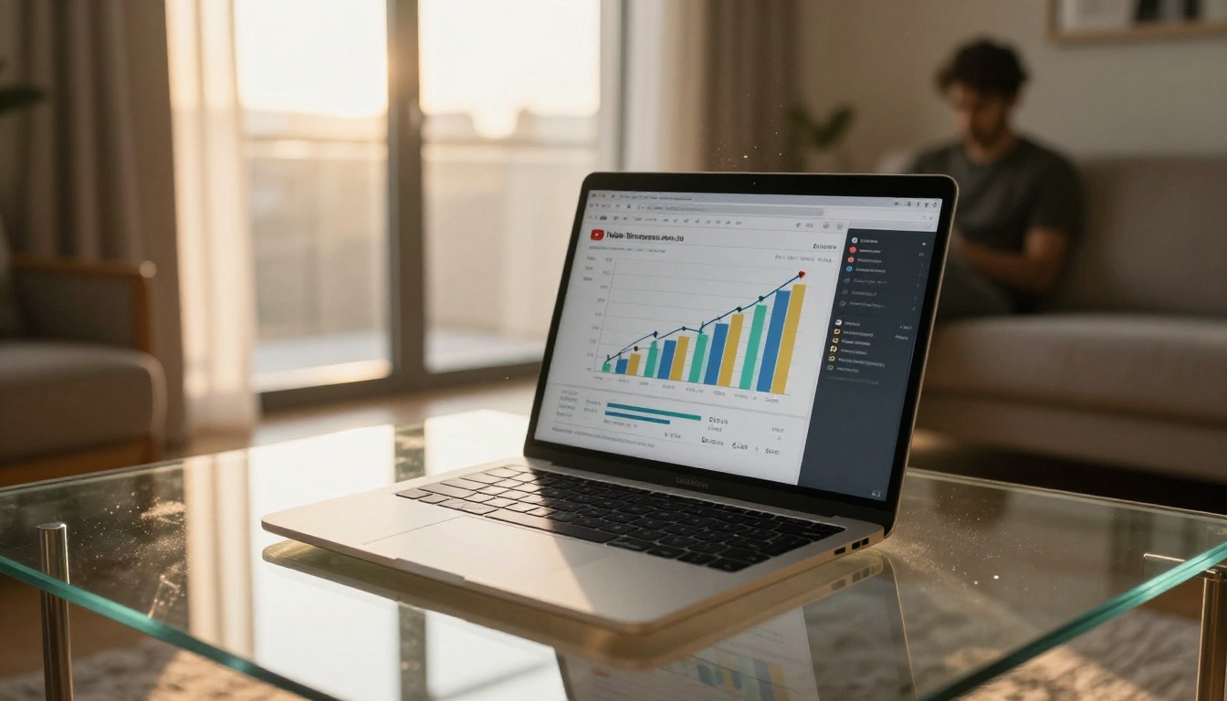 YouTube analytics dashboard on laptop in home apartment