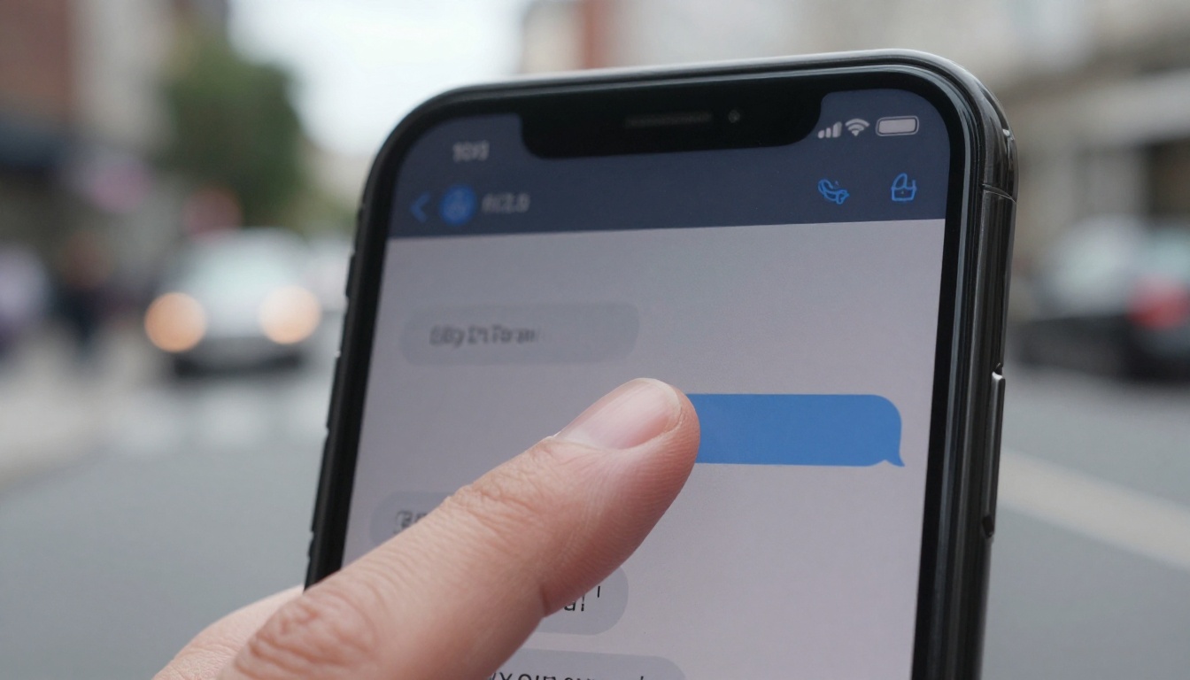 Smartphone held in one hand showing chat conversation bubbles with soft blurred urban street background