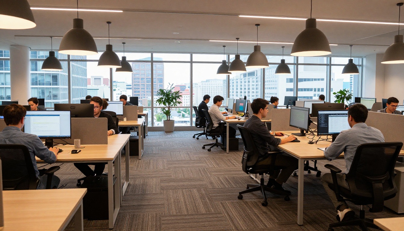 Modern open-plan tech office with warm pendant lights and floor-to-ceiling city windows