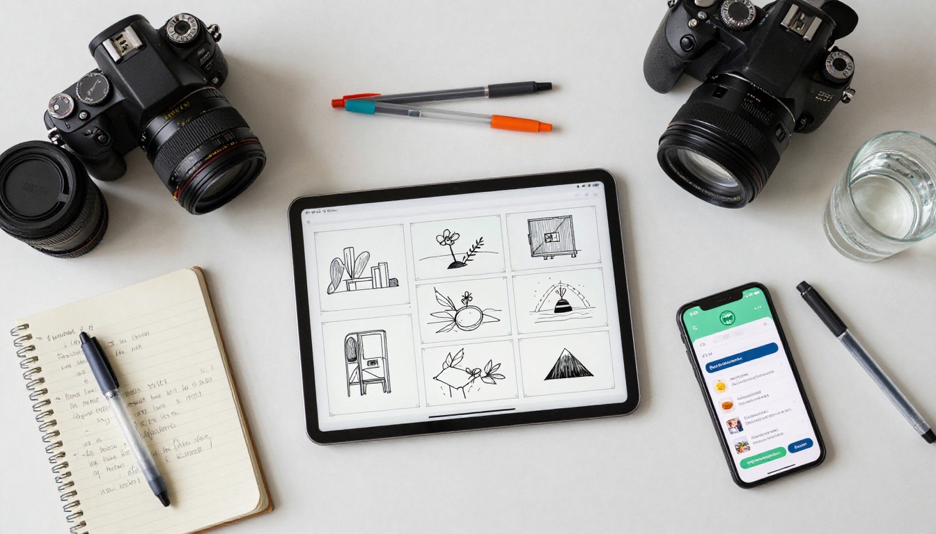 Creator workspace flat-lay with camera and planning tools