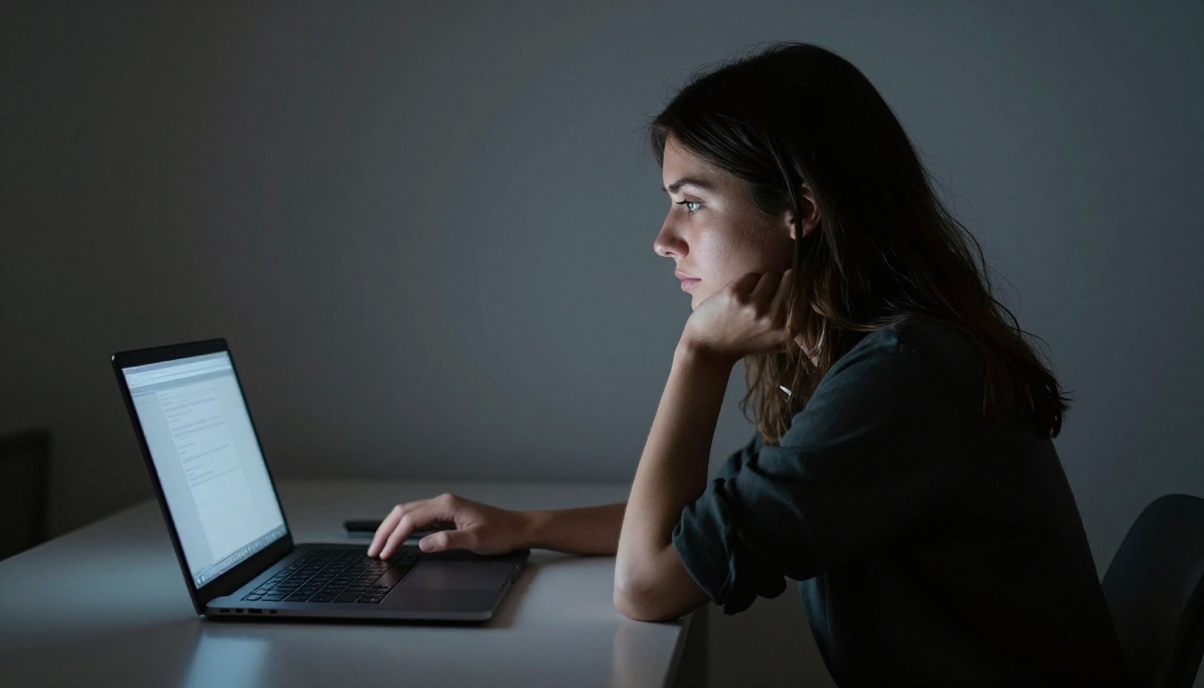 Woman's side profile dramatically lit by laptop screen glow in a dark room