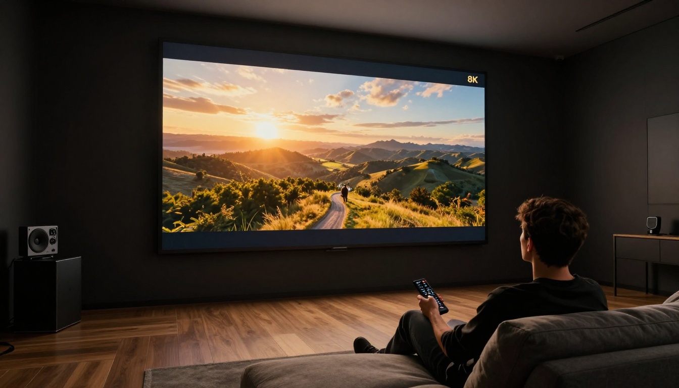 Cinematic AI video on large screen in media room
