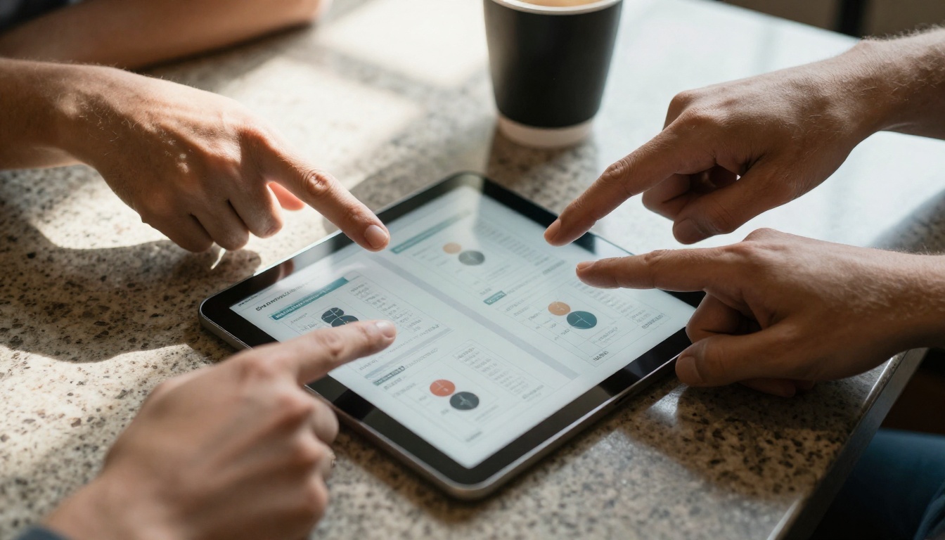 Two people's hands pointing at a shared tablet comparison chart on a granite table