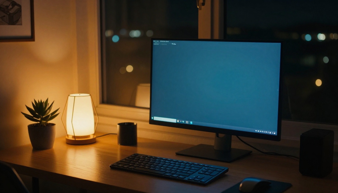 Night desk setup with glowing laptop screen, small succulent, and warm geometric lamp accent