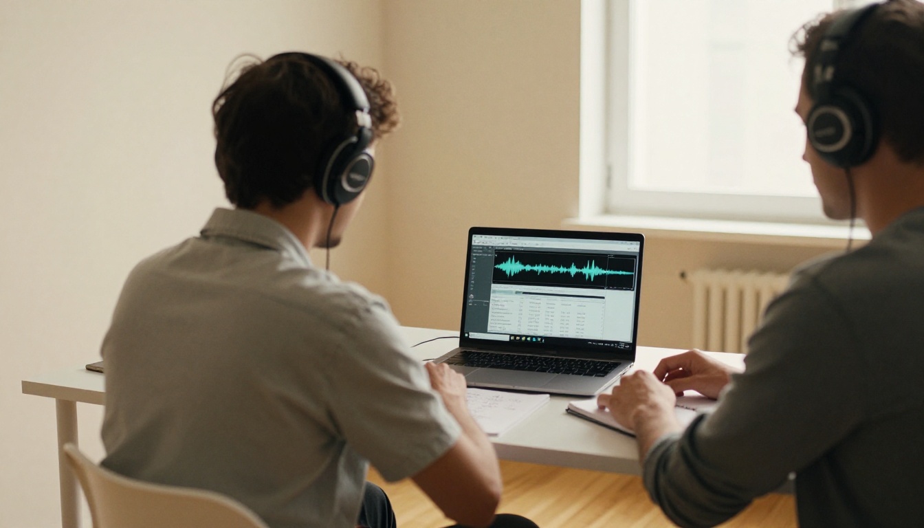 Man editing podcast transcription on laptop