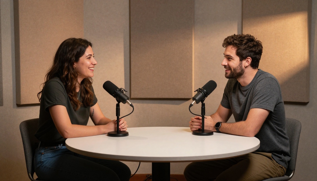 Two podcast hosts in recording studio