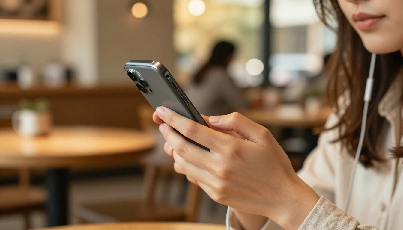 Podcast listener with smartphone and earbuds