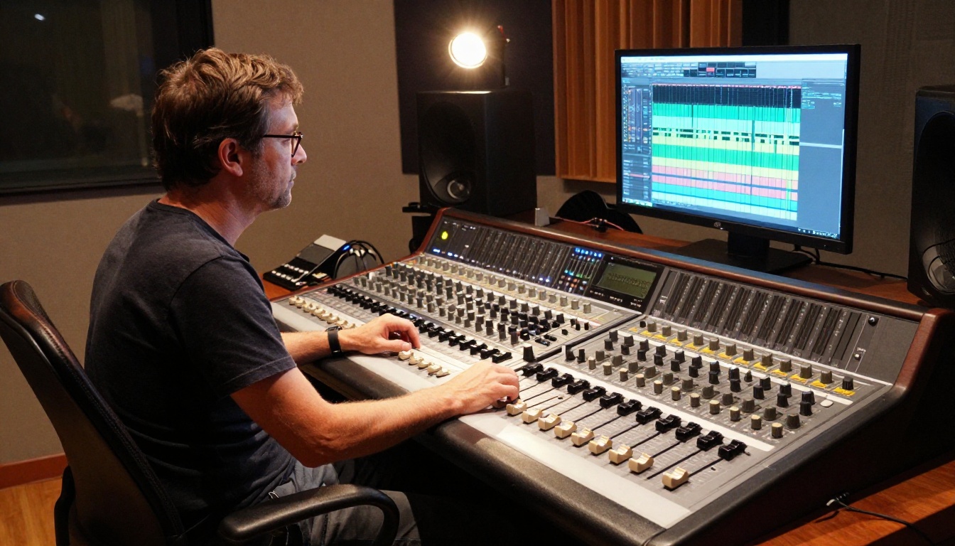 Audio engineer at professional mixing console