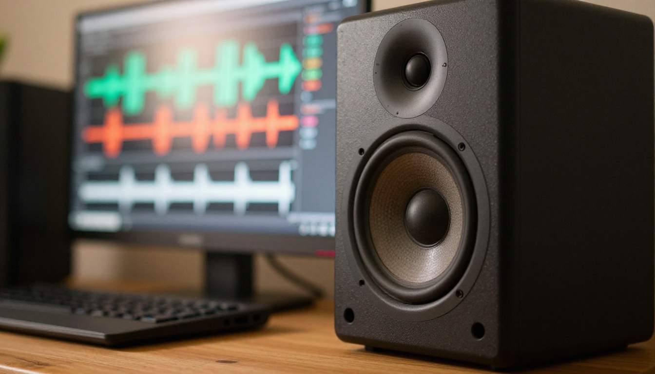Studio monitors and audio waveforms on laptop