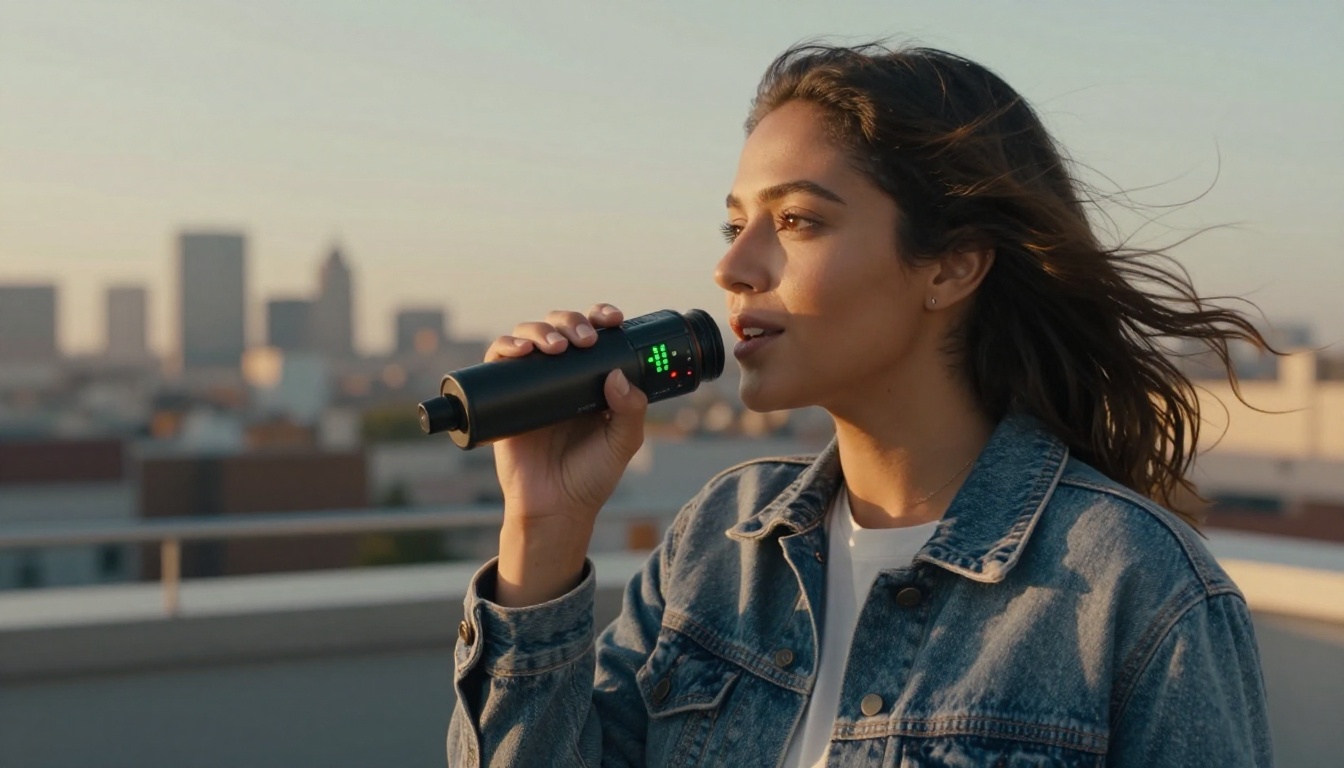 Woman recording podcast outdoors at golden hour