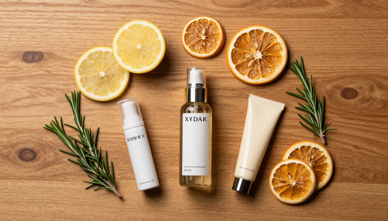 Flat-lay product photography with skincare items arranged on oak wood surface, overhead studio shot