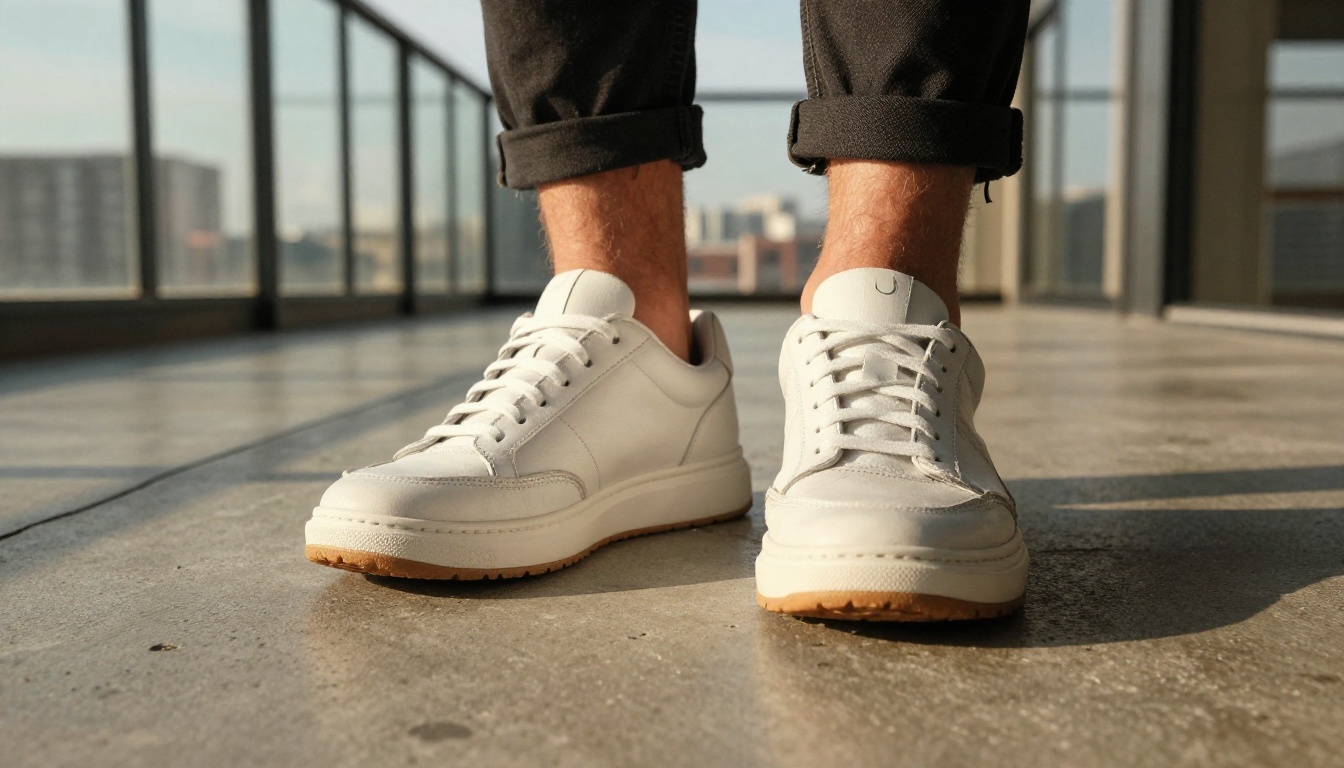 Premium leather sneakers photographed from low angle on polished concrete, golden hour light