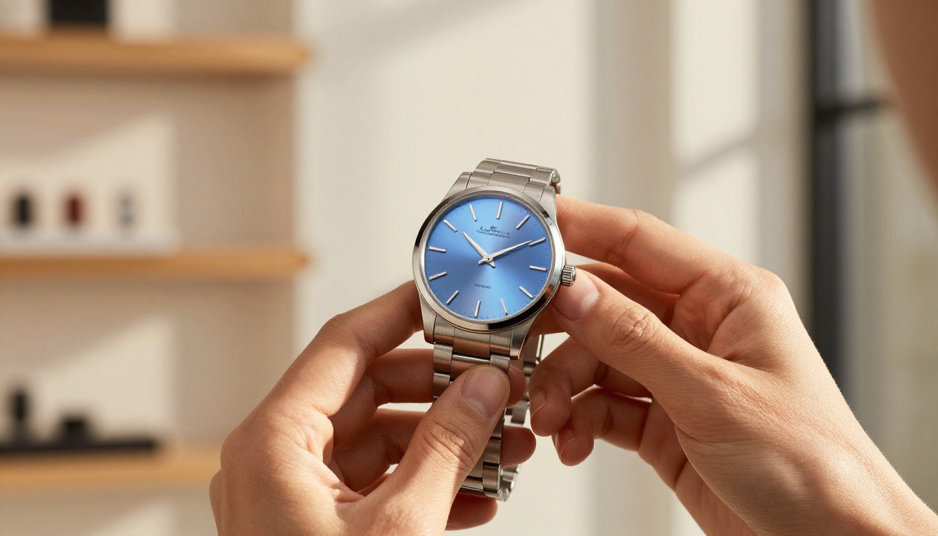 Luxury wristwatch held in hands, minimalist boutique background with beautiful bokeh