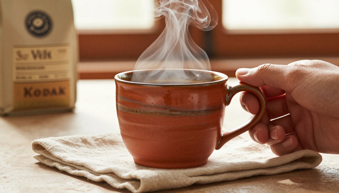 Handcrafted ceramic coffee mug with steam rising, warm morning kitchen light photography