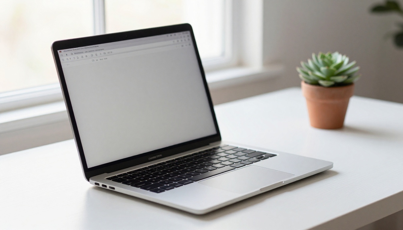 Sleek laptop computer on minimalist white desk in Nordic home office, natural daylight
