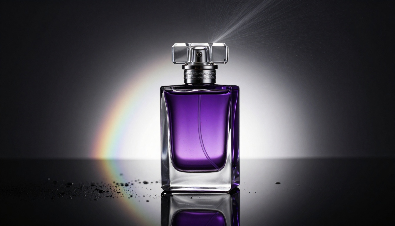 Luxury crystal perfume bottle on reflective black acrylic surface, dramatic chiaroscuro lighting