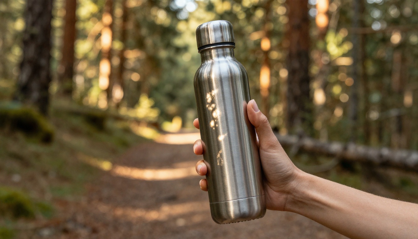 Stainless steel water bottle held on sun-dappled mountain trail, lifestyle outdoor photography