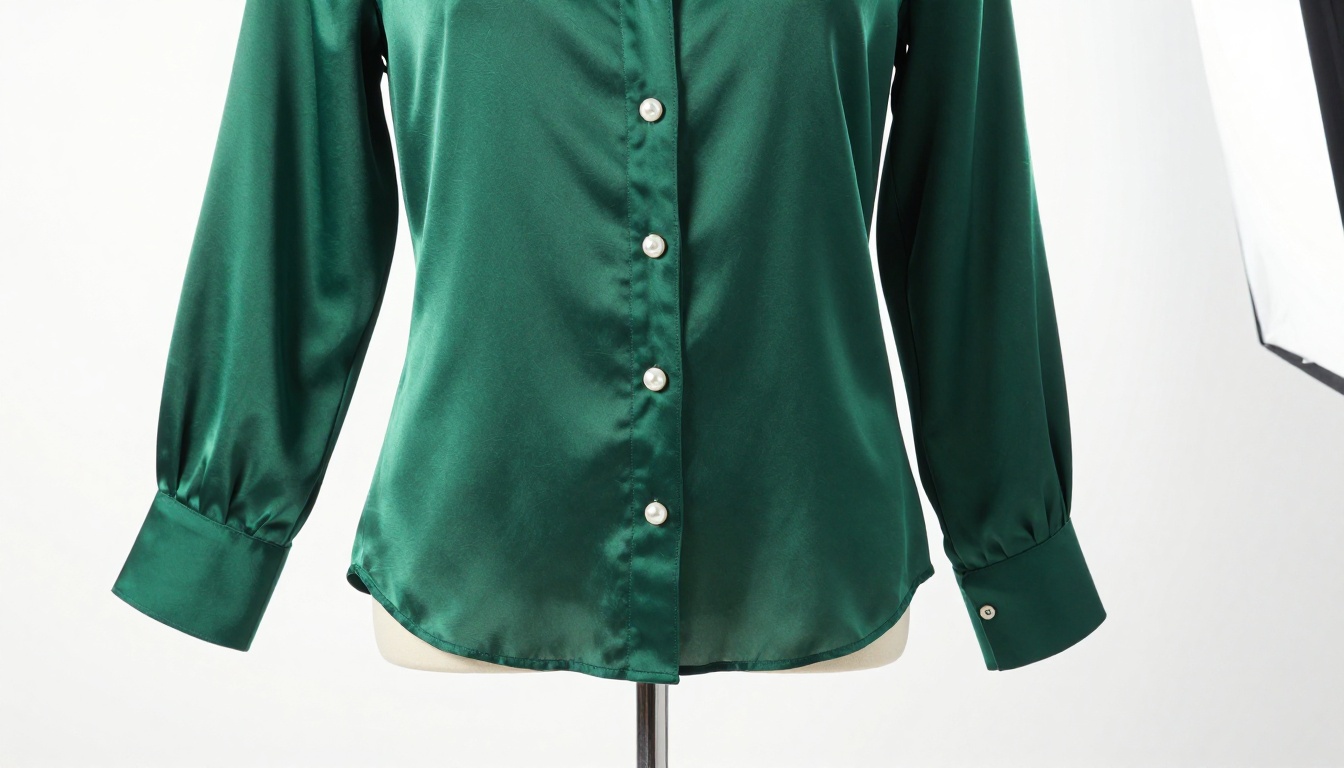 Emerald green silk blouse on invisible mannequin, high-key studio fashion photography