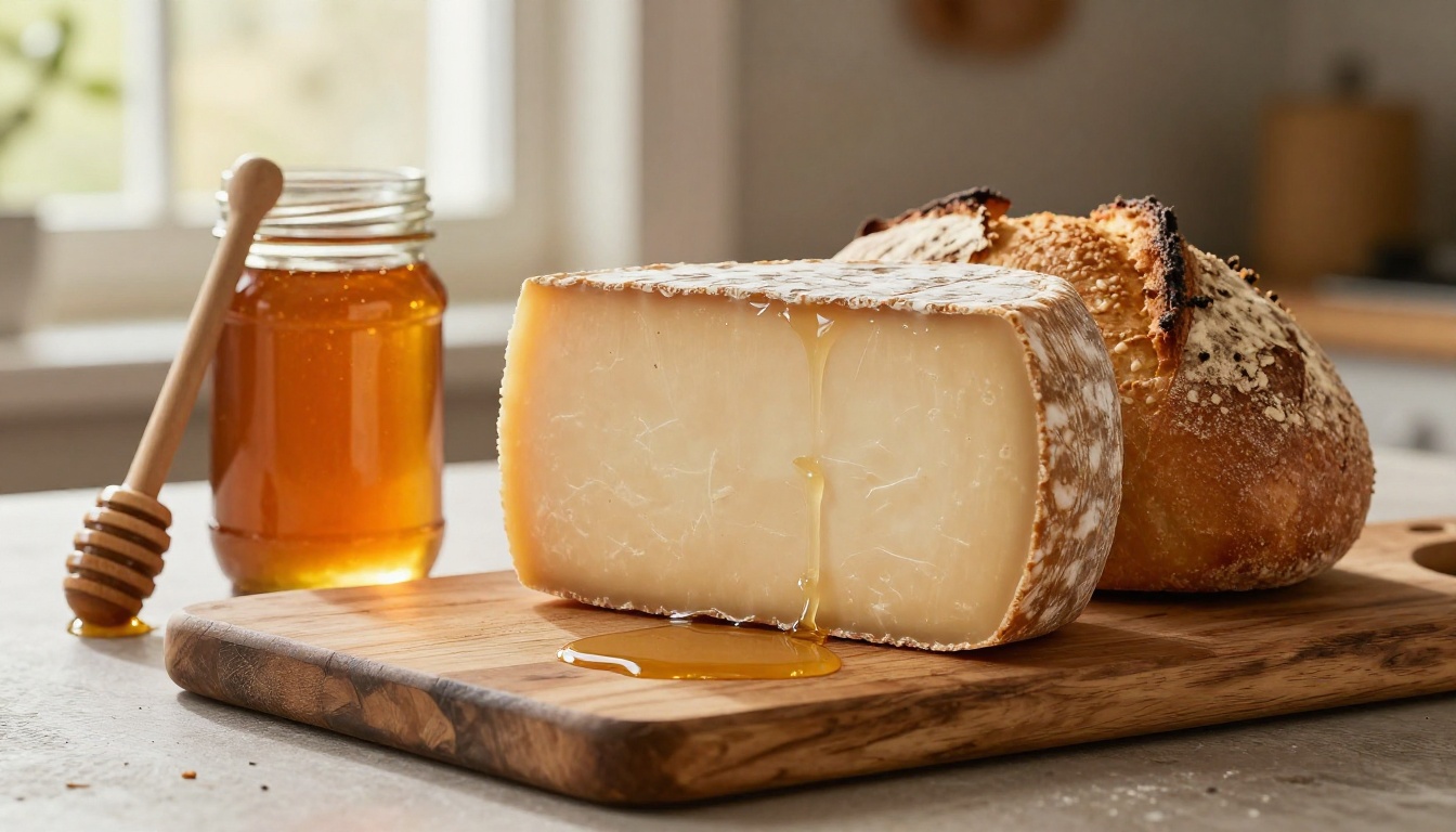 Artisan food flat-lay with aged cheese wheel, honey jar, and sourdough on rustic cutting board