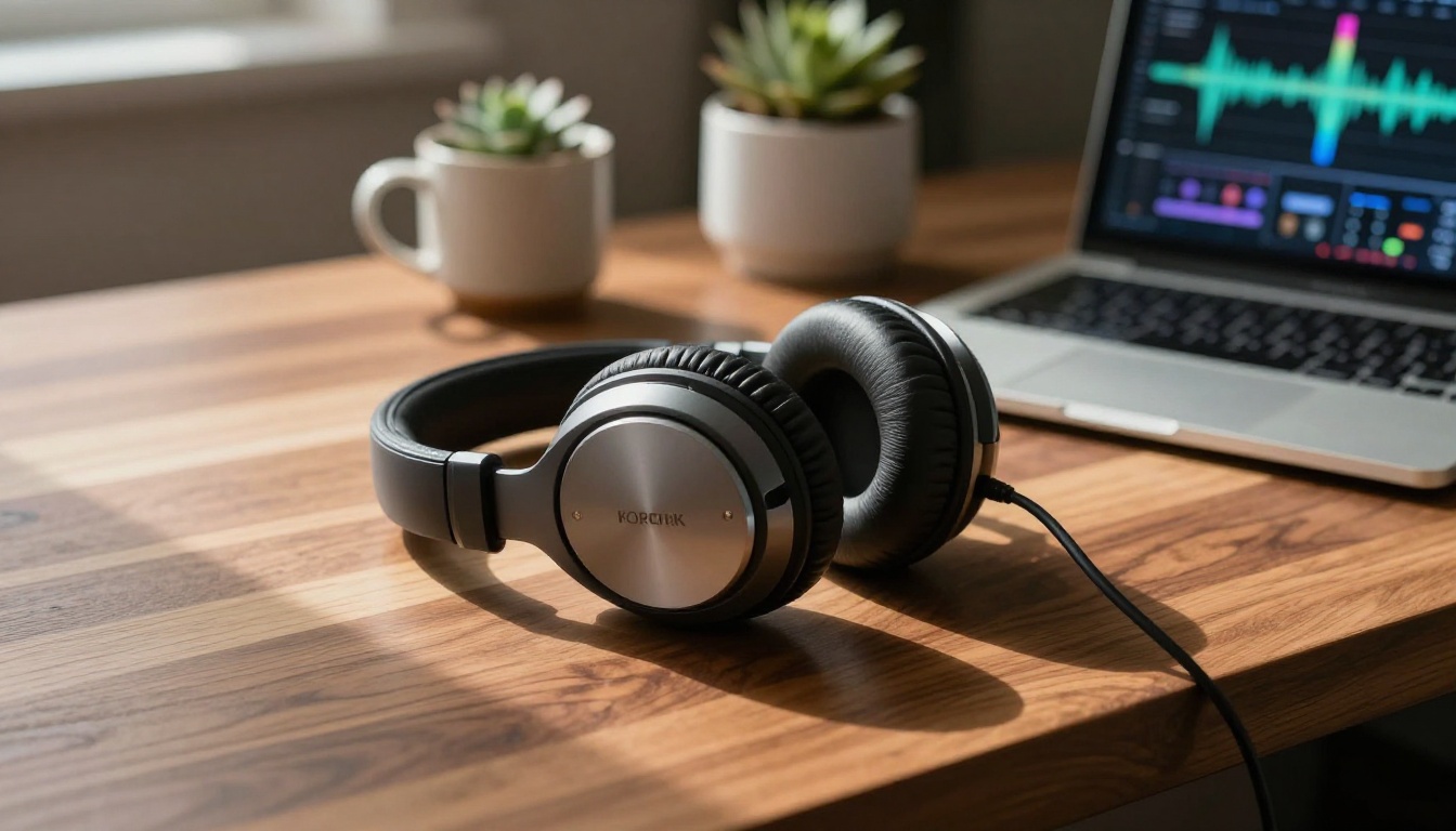 Studio headphones on a walnut desk next to a laptop showing audio waveforms Studio headphones on a walnut desk next to a laptop showing audio waveforms