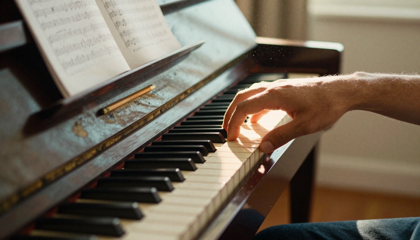 Hands pressing piano keys with sheet music and afternoon window light Hands pressing piano keys with sheet music and afternoon window light