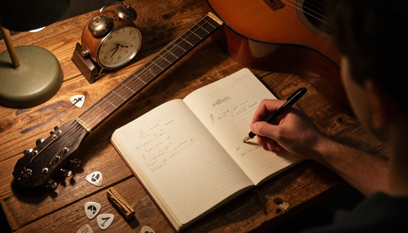 Songwriter writing lyrics in a notebook with guitar on a wooden desk, aerial view