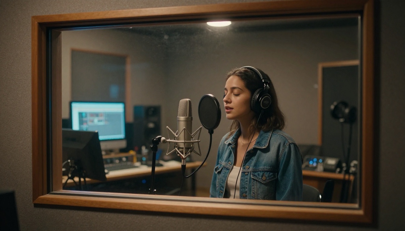 Young woman vocalist recording in a professional vocal isolation booth seen through studio glass Young woman vocalist recording in a professional vocal isolation booth seen through studio glass