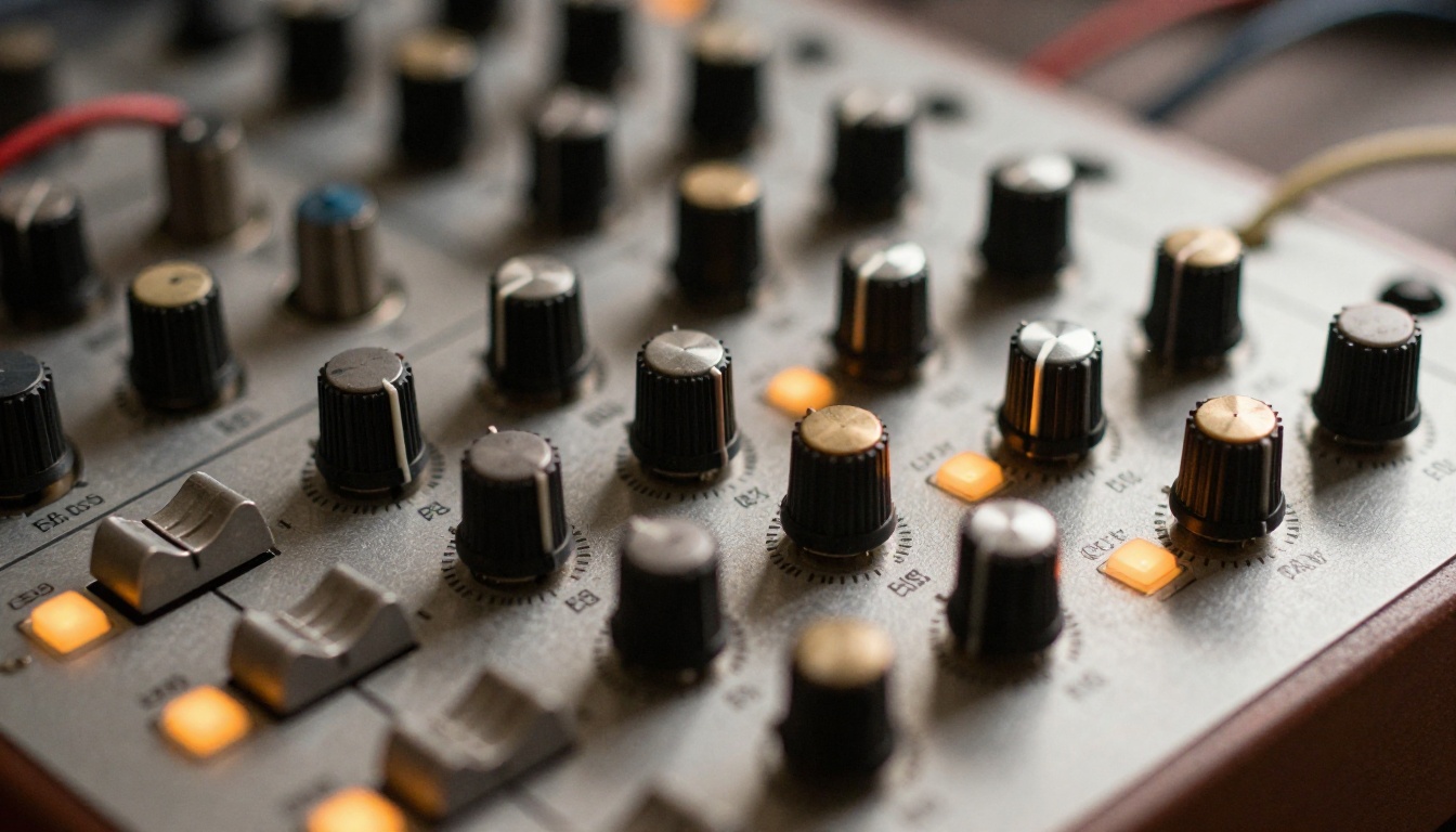Close-up of analog modular synthesizer with colorful patch cables and metal knobs