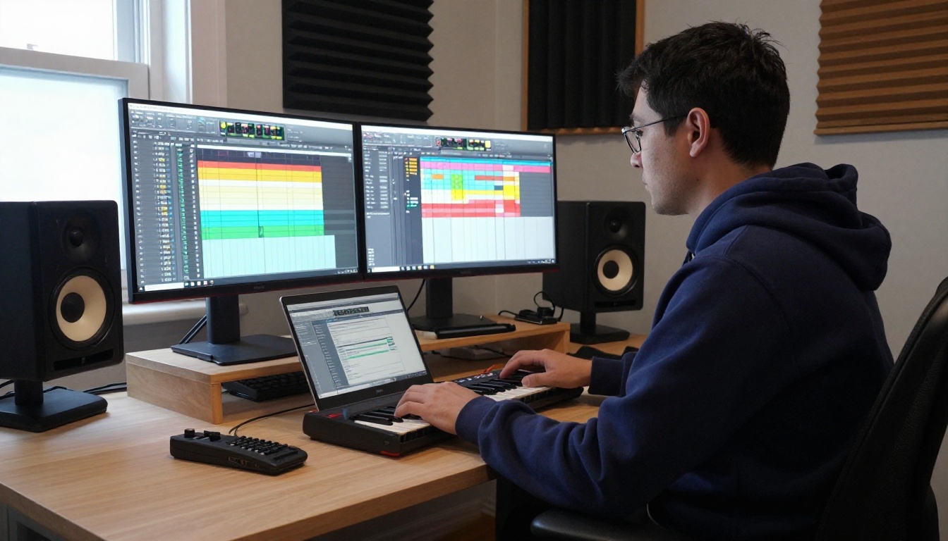 Music producer at a MIDI controller with dual monitor DAW setup in a home studio Music producer at a MIDI controller with dual monitor DAW setup in a home studio