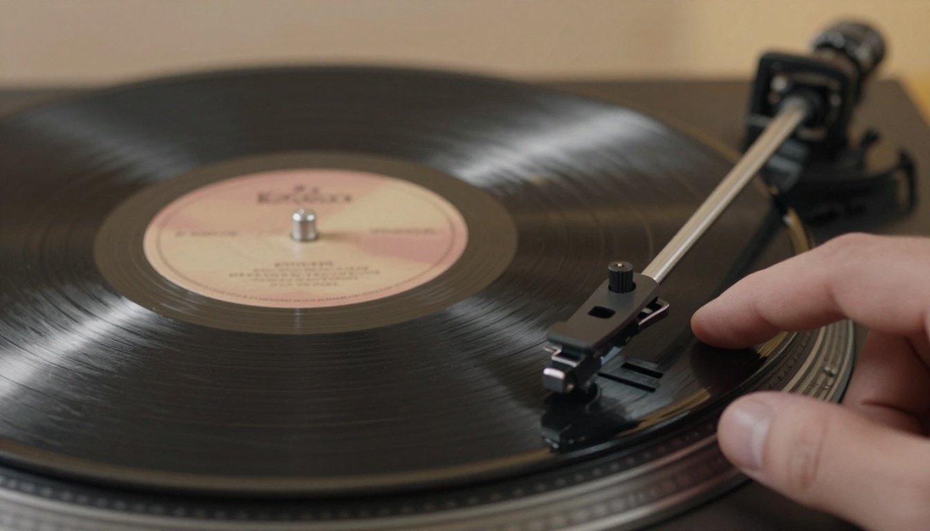 Vinyl record being placed on a turntable with warm ambient lamp lighting